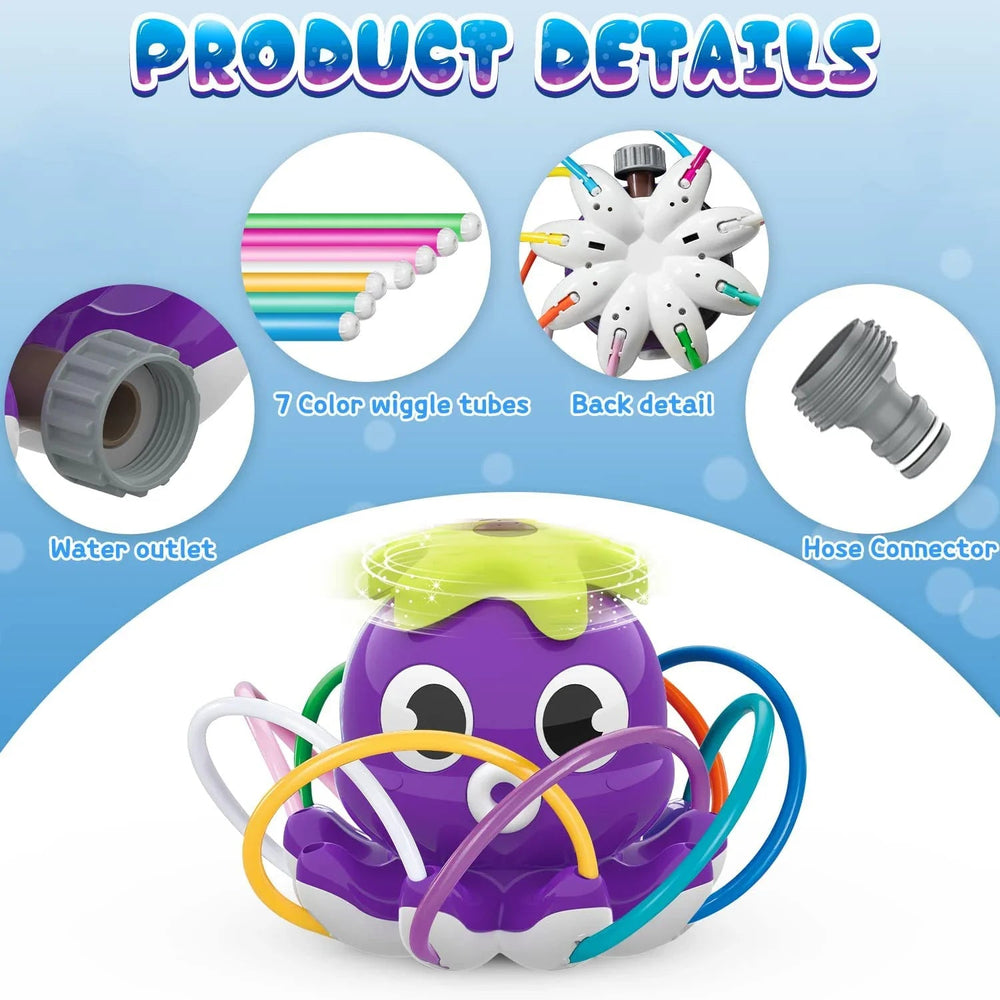 Purple octopus sprinkler with seven colorful tubes and close-ups of the water outlet and hose connector