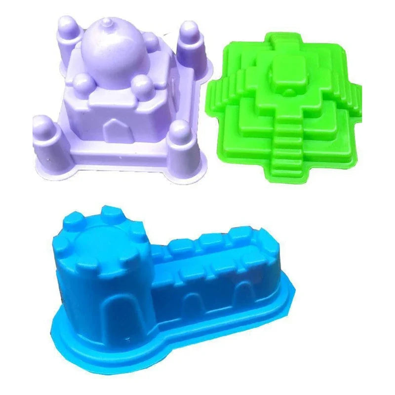 Purple palace, green stepped-pyramid, and blue castle-wall sand molds