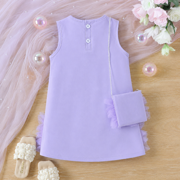 Back view of the purple sleeveless dress with two neckline buttons and shoulder bag