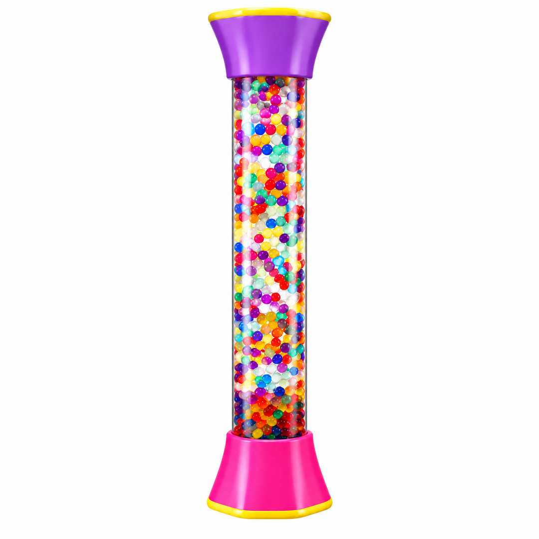 Rainbow bead sensory tube with a purple top and pink base