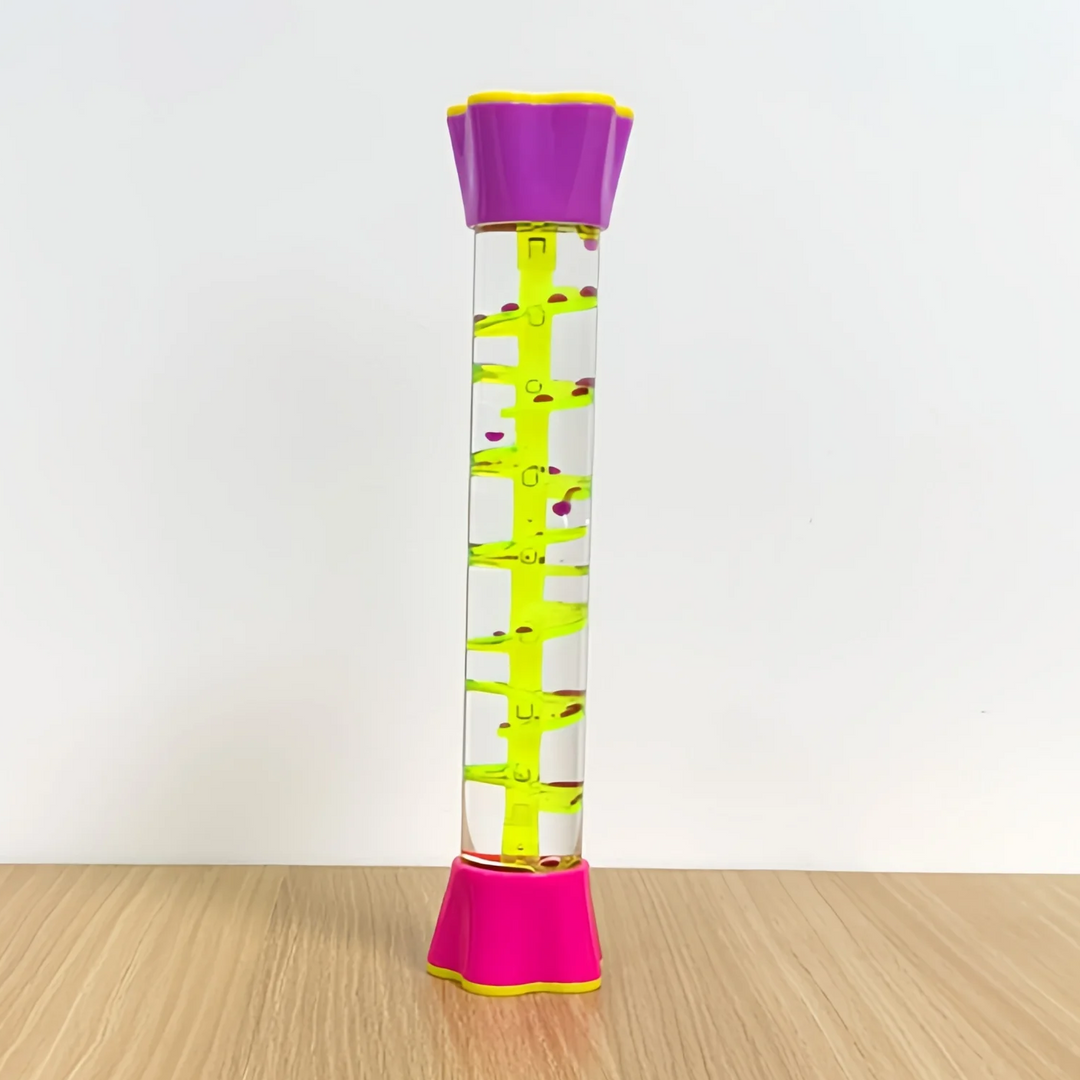Spiral sensory tube with a purple top, pink base and yellow track