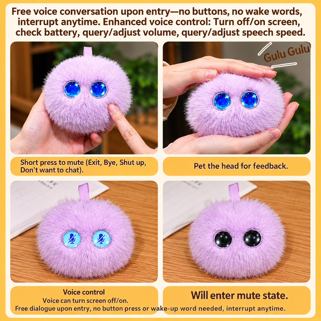 Purple AI plush toy demonstration showing petting, voice controls and muted eyes