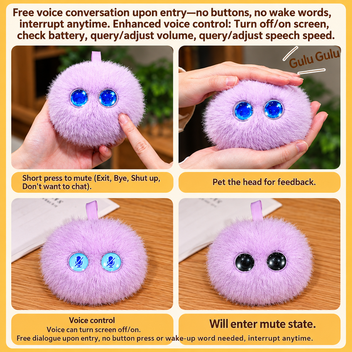 Purple AI plush toy demonstration showing petting, voice controls and muted eyes