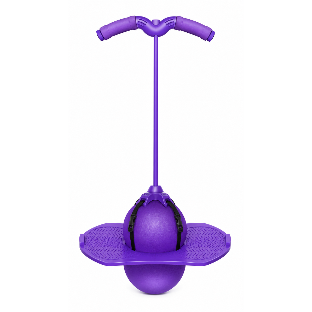 Purple balancing pogo stick with matching handlebars and a rounded base