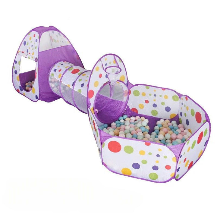 Purple polka-dot play tent and tunnel connected to a ball pit filled with pastel balls