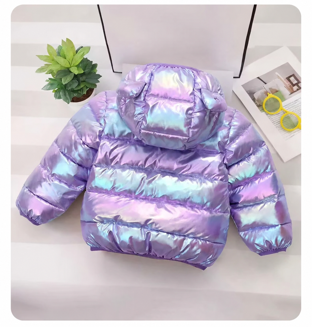 Back of a purple quilted puffer jacket with a hood