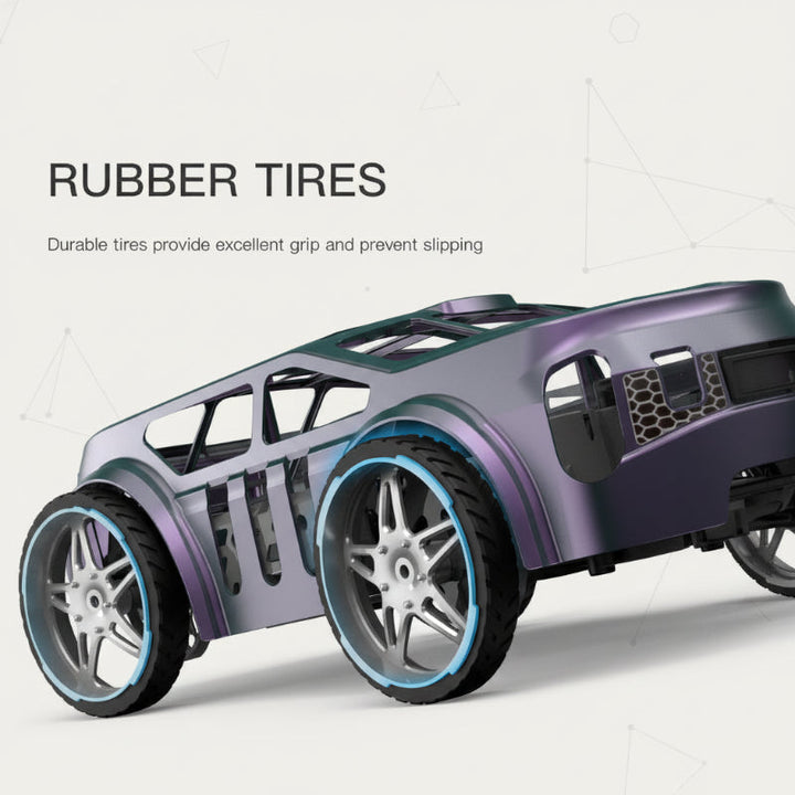 Purple RC car showing its rubber tires and open-frame design