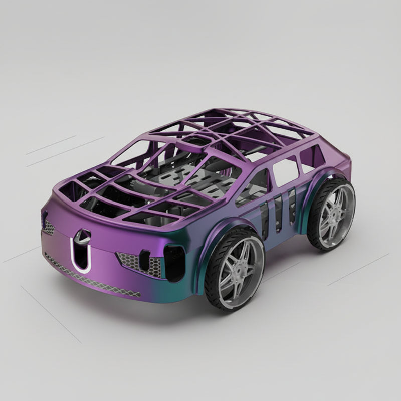 Purple RC flying car in a front three-quarter view