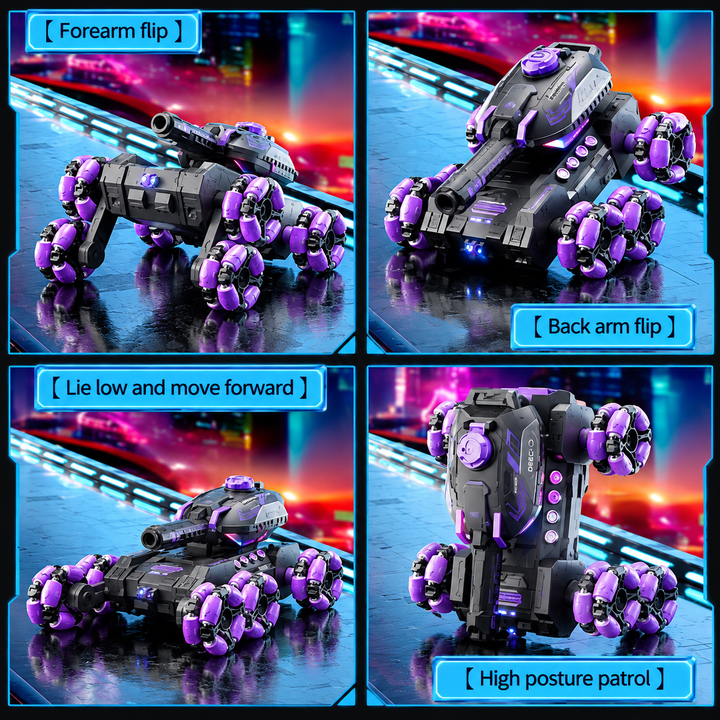 Four views of the purple RC tank truck showing different wheel-arm positions