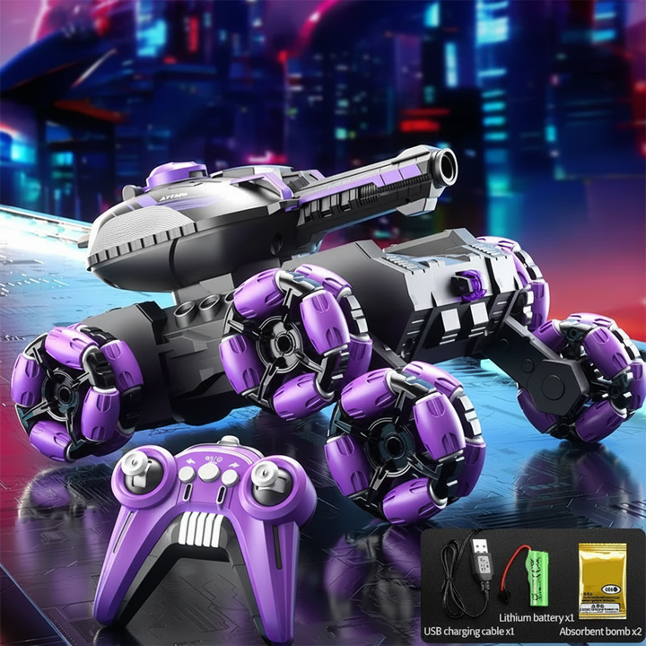Purple single-remote RC tank truck set with handheld controller and charging accessories