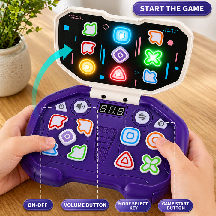 Purple rhythm game showing power, volume, mode selection, and start controls.