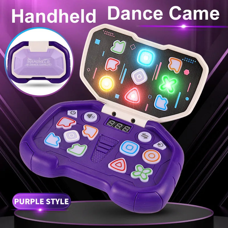 Purple handheld rhythm game shown open, with an inset view of the folded case.