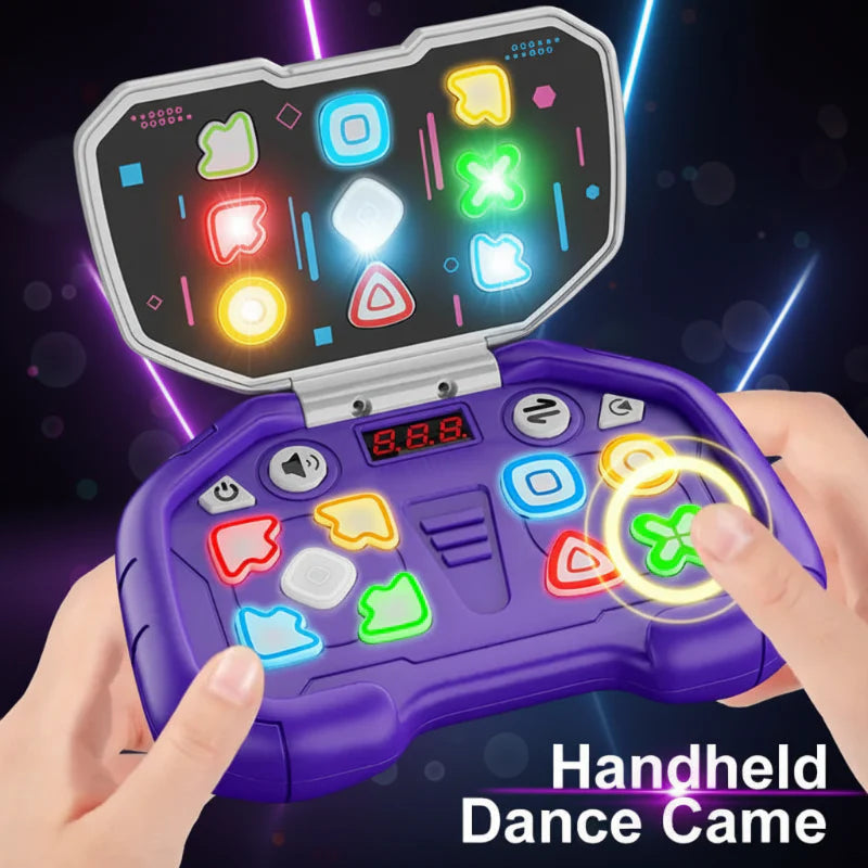 Hands holding a purple rhythm game with colorful illuminated shapes and matching buttons.
