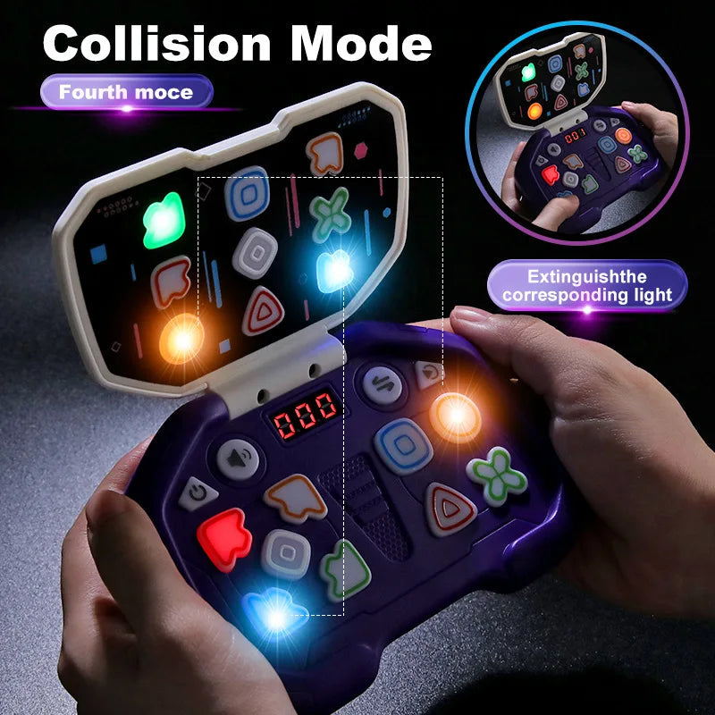 Hands matching glowing buttons on the purple handheld rhythm game.