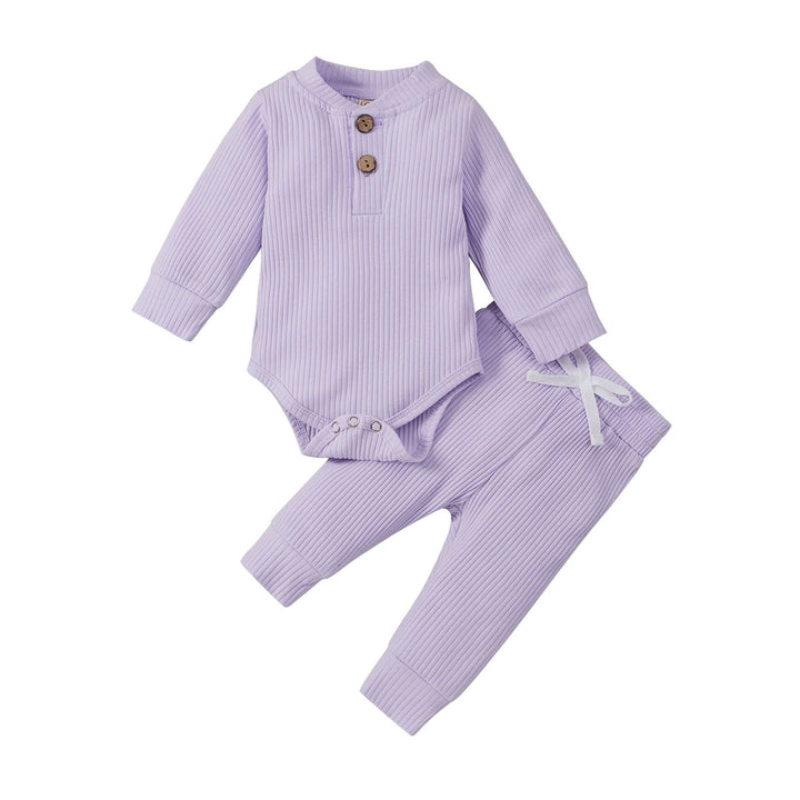 Purple ribbed long-sleeve baby bodysuit and matching pants with a white waist tie