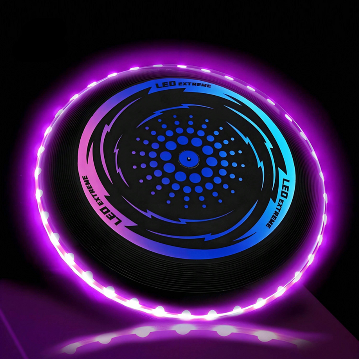 Flying disc with a purple LED rim and blue-and-purple circular graphics