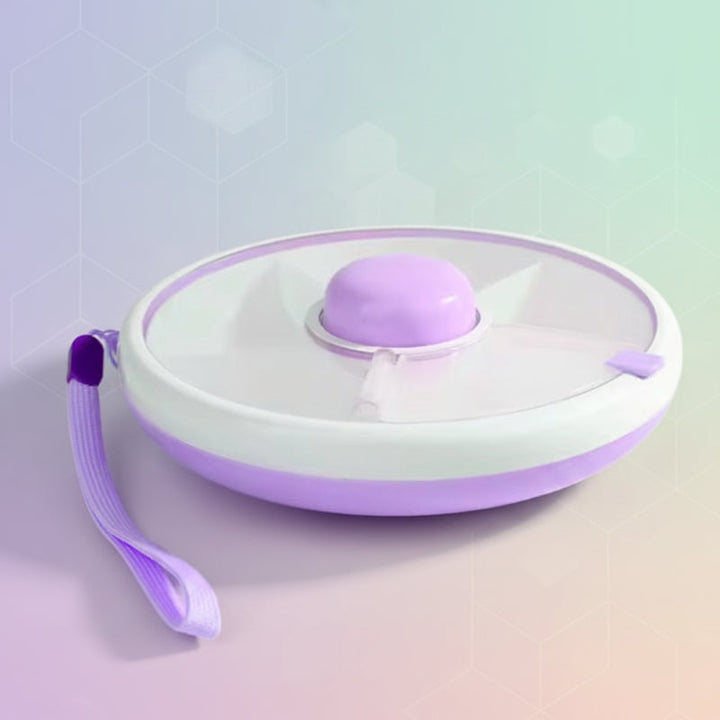Purple round snack box with a clear lid, center button, and matching wrist strap