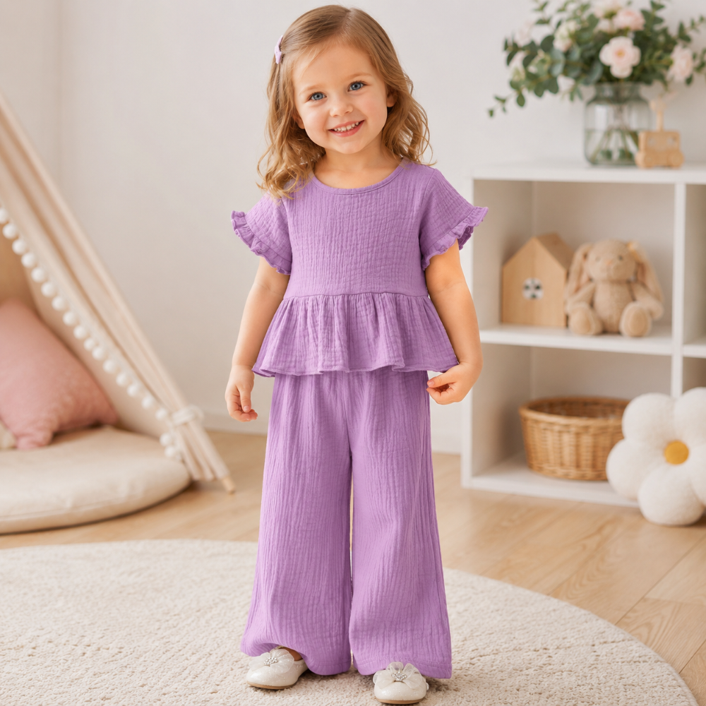 Girl wearing the purple ruffle-sleeve top and matching wide-leg pants
