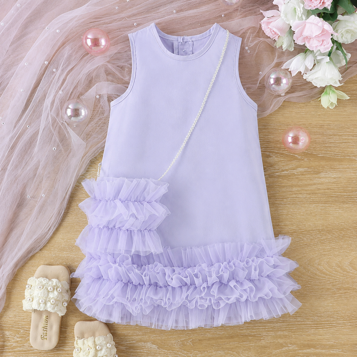 Purple party dress with a round neckline, layered ruffle hem, and matching shoulder bag