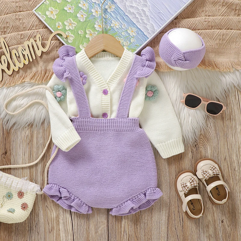 Purple ruffled overalls styled with a white floral cardigan and matching purple headband
