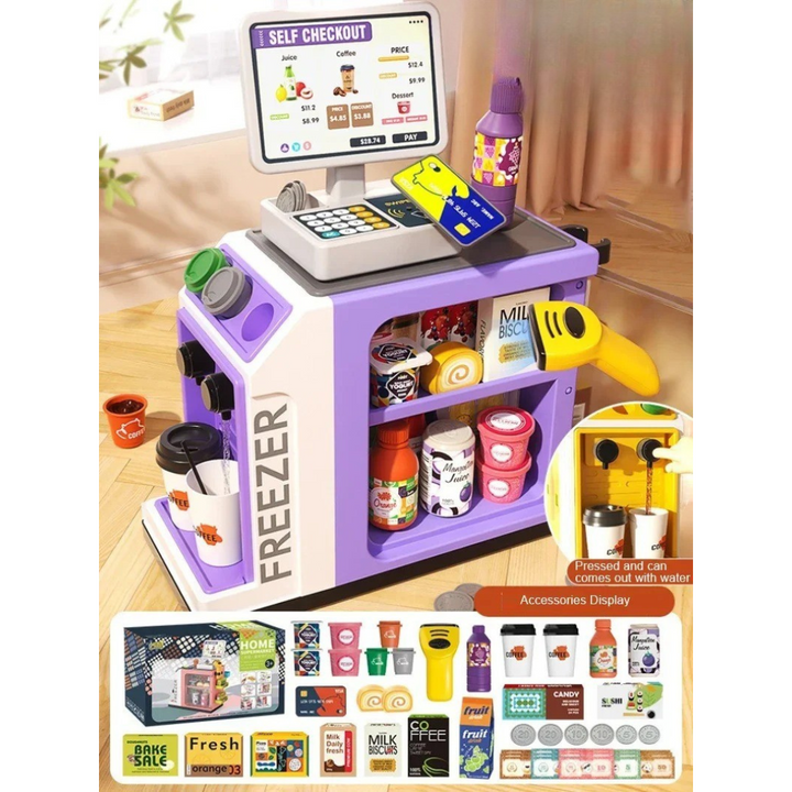 Purple toy cash register with a handheld scanner, pretend groceries, play money, and cups