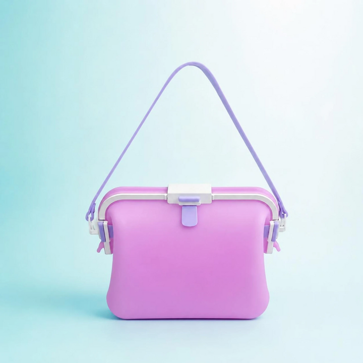 Purple silicone shoulder bag with a raised strap and front clasp against a pale blue background.