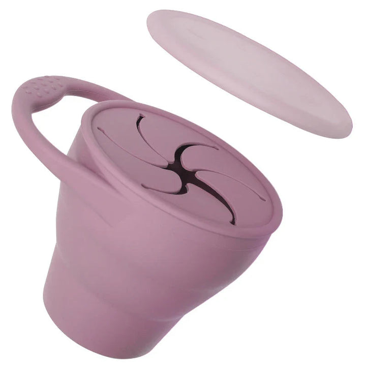 Purple collapsible snack cup with a loop handle and matching cover