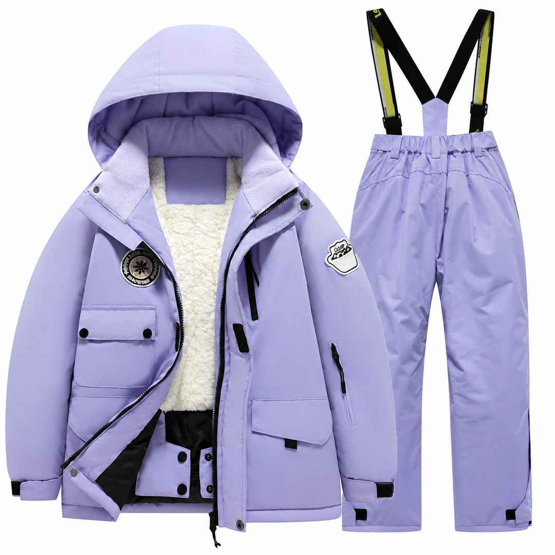 Purple hooded ski jacket and matching suspender ski pants