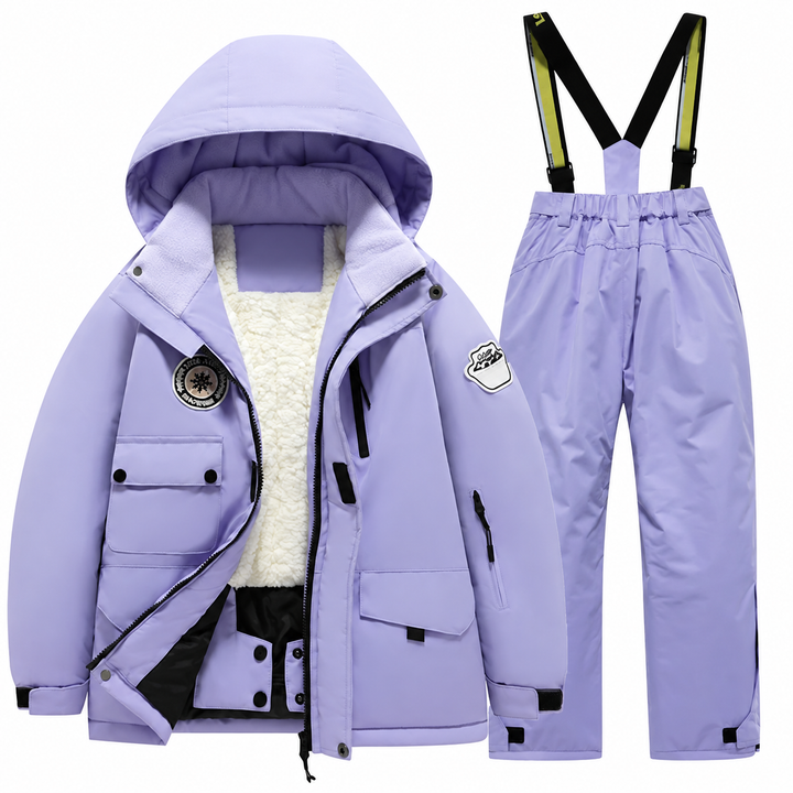 Purple hooded ski jacket and matching suspender ski pants