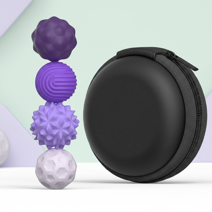 Four small purple and lilac textured magnetic beads beside a round black zippered case