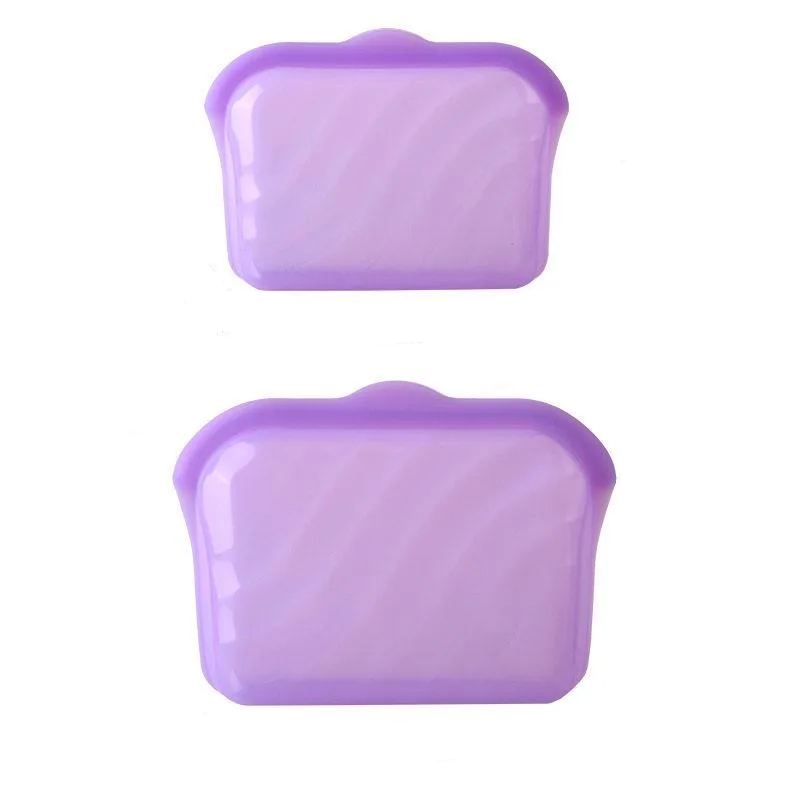 Small and large purple silicone food storage bags shown together.