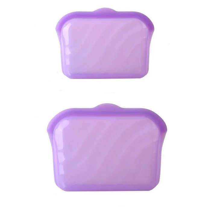 Small and large purple silicone food storage bags shown together.
