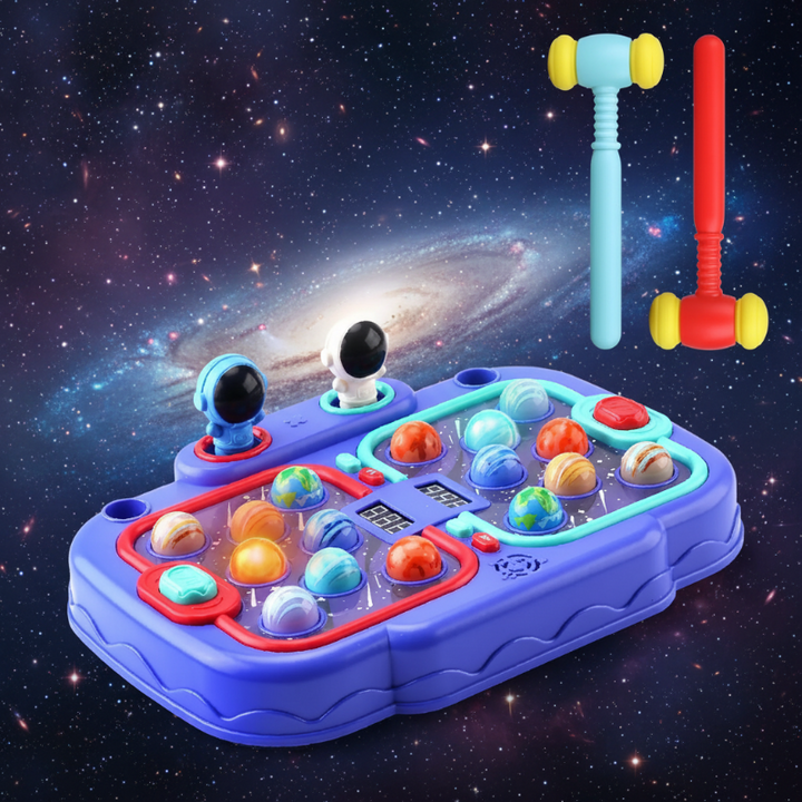 Purple space-themed hammer game with astronaut figures and two hammers