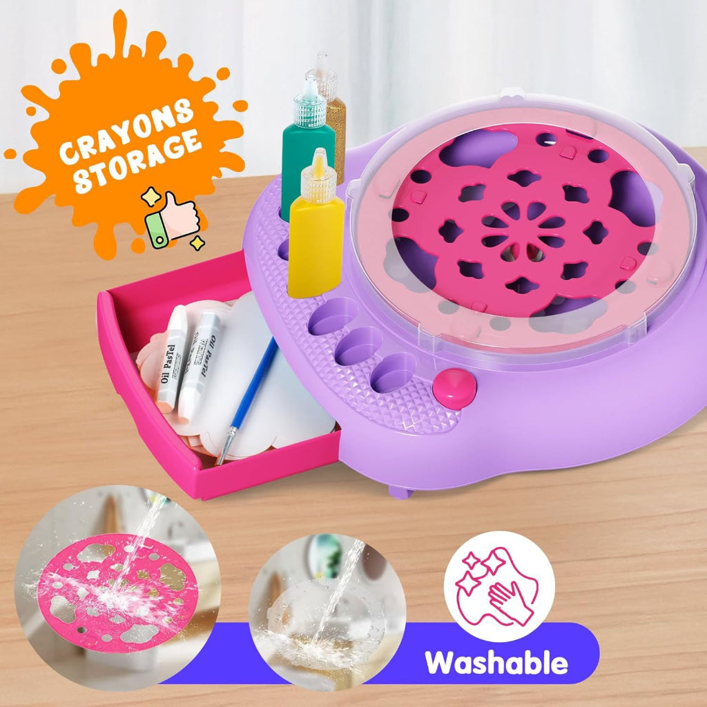 Purple spin painting machine with an open storage drawer holding crayons