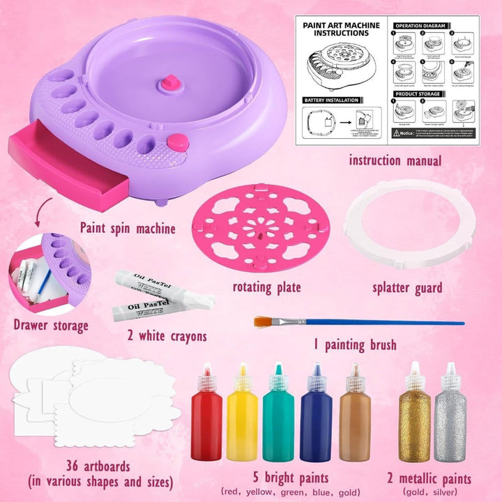 Purple spin painting kit with 36 artboards, seven paints, two white crayons, a brush, and accessories
