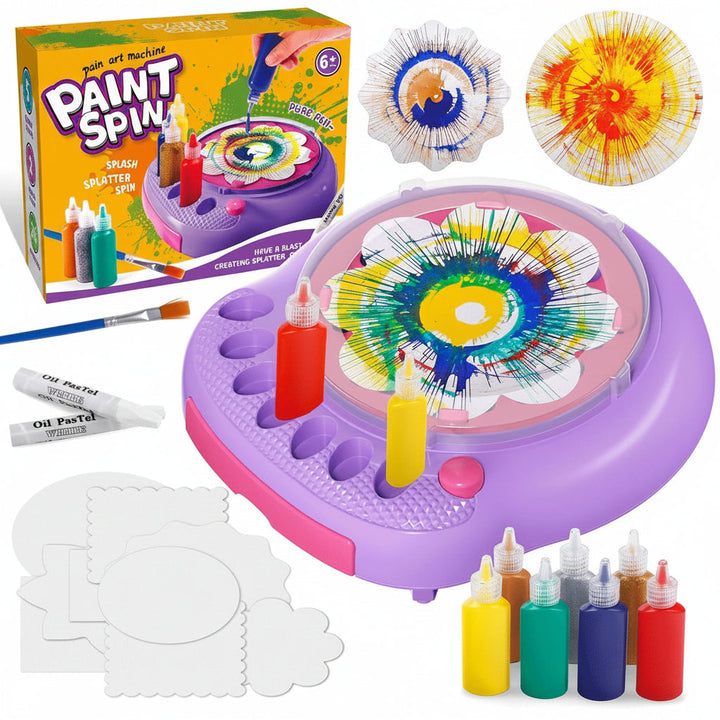 Purple spin painting kit with paint bottles, white crayons, a brush, and assorted artboards