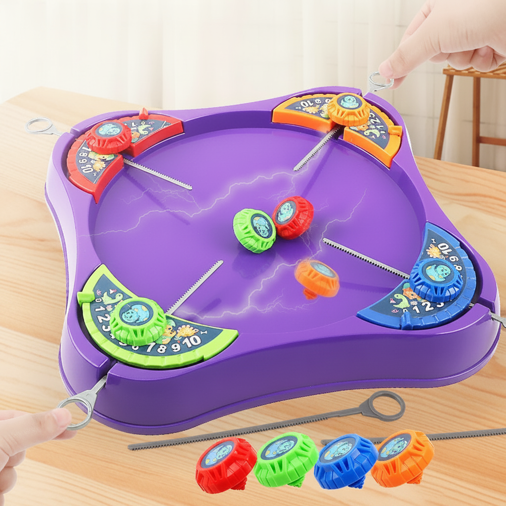Purple spinning top board with four colored launch stations, spinning tops and pull strings.