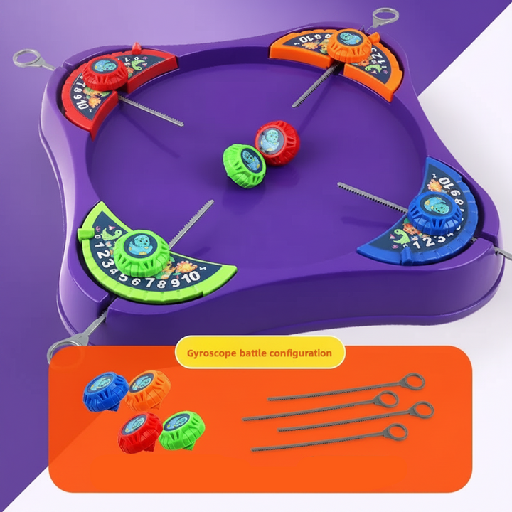 Purple spinning top game set with a board, four colored tops and pull strings.