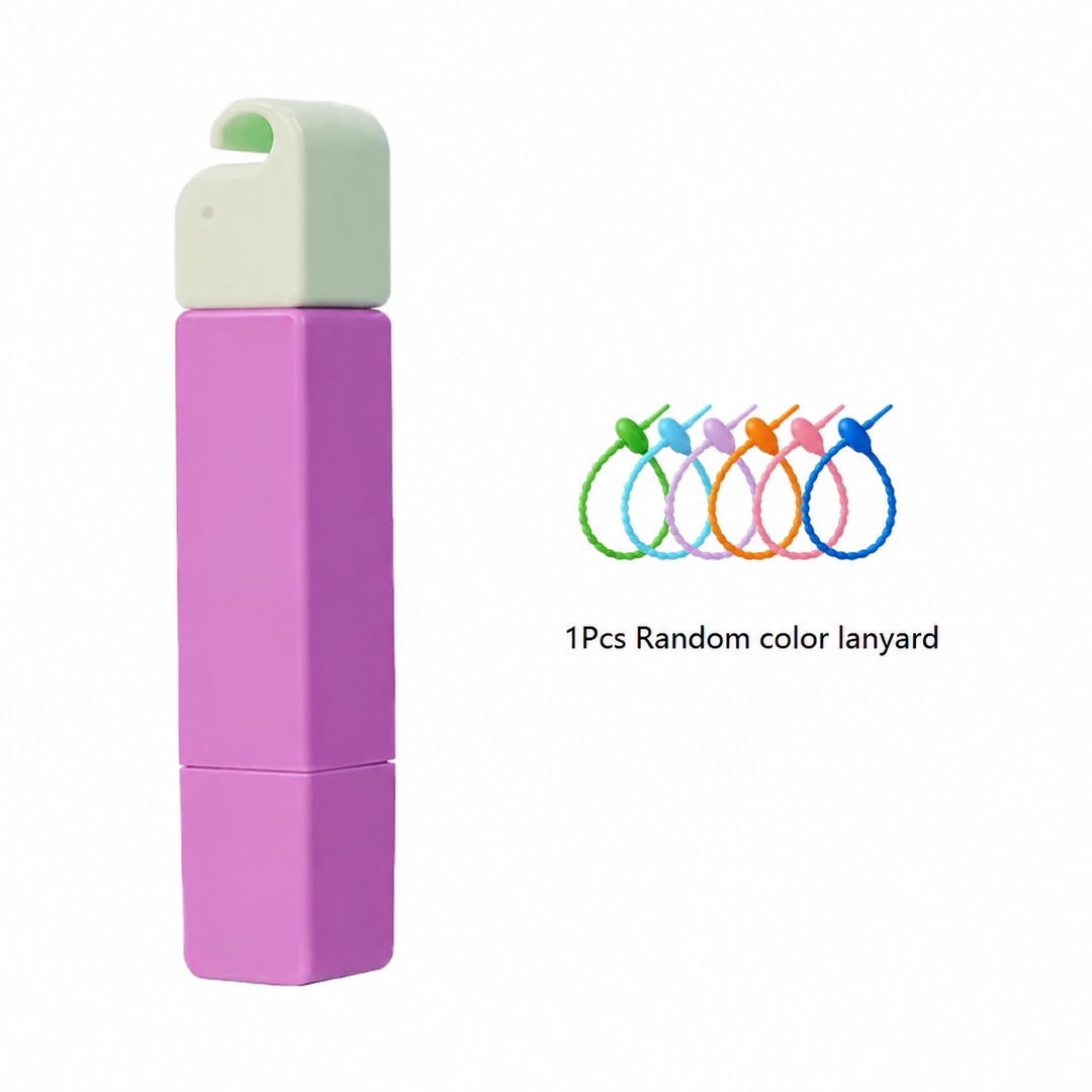 Purple stain remover pen with a pale green cap and assorted lanyard colors shown