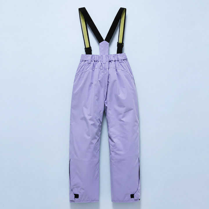 Purple ski pants with striped suspenders