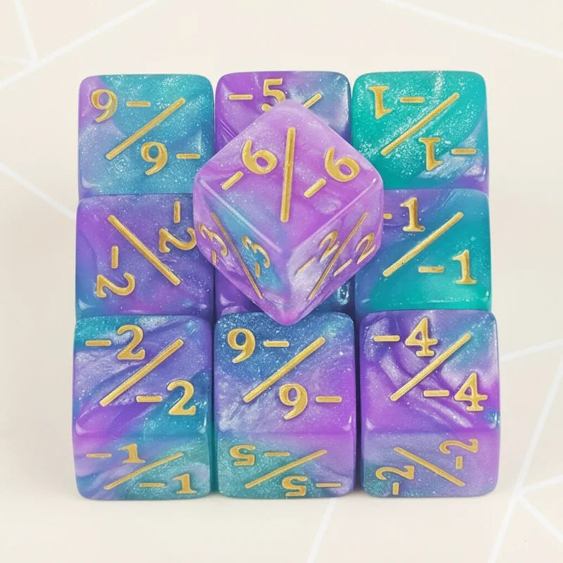 Purple and teal swirled counter dice displaying gold-colored negative values