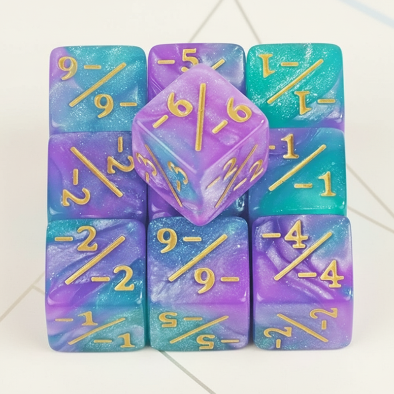 Purple and teal negative-value dice with a swirled finish and gold-colored markings