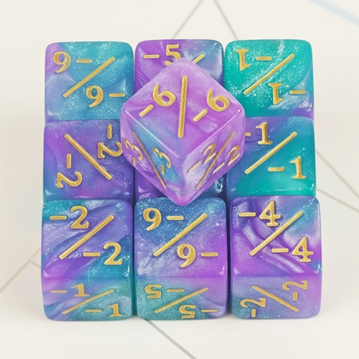 Purple and teal negative-value dice with a swirled finish and gold-colored markings