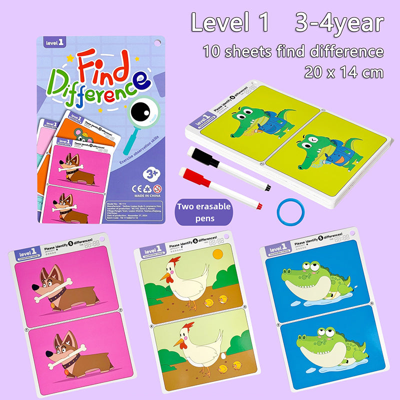 Purple 10-sheet set for ages 3–4 with two wipe-clean markers, a blue ring, and animal picture cards