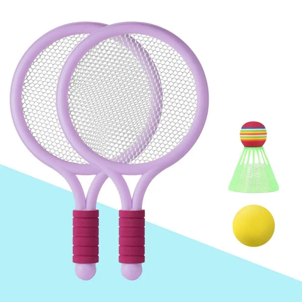 Two purple rackets with pink grips, a yellow ball and green shuttlecock