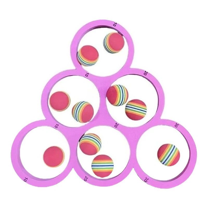 Purple triangular six-ring pool game frame with colorful balls