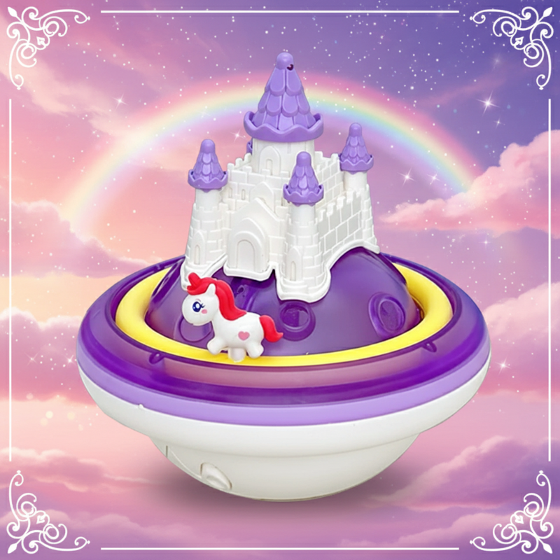 Purple unicorn castle bath toy with yellow trim and a white base against a rainbow background