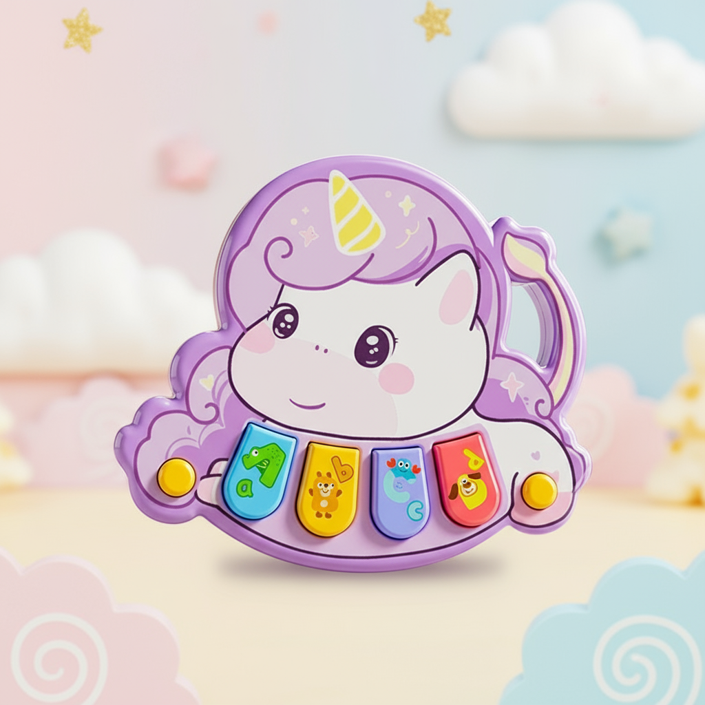 Purple unicorn animal piano with four colorful keys and a curved handle