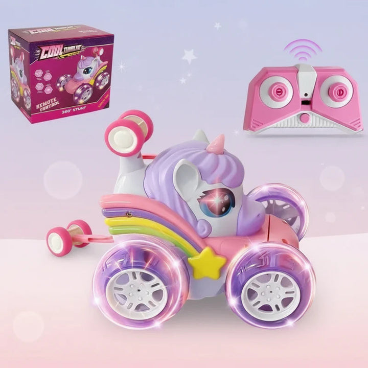 Side view of a purple-maned unicorn RC car with its pink controller and retail box