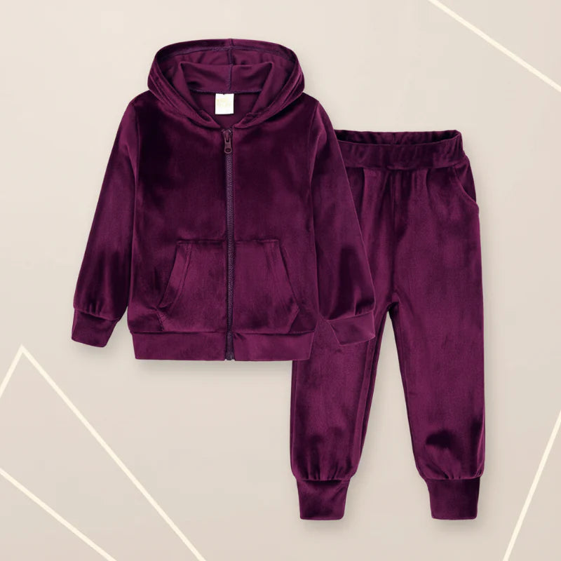 Purple velvet zip-up hoodie and matching cuffed pants